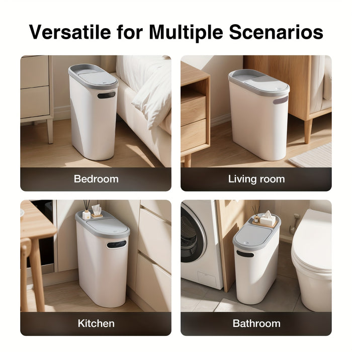 White trash bin shown in various rooms including bedroom, living room, kitchen, and bathroom with text 'Versatile for Multiple Scenarios'.