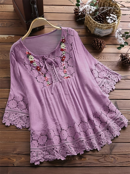 Plus Size Floral Applique Lace Blouse, Tie Neck Short Sleeve Women's Top