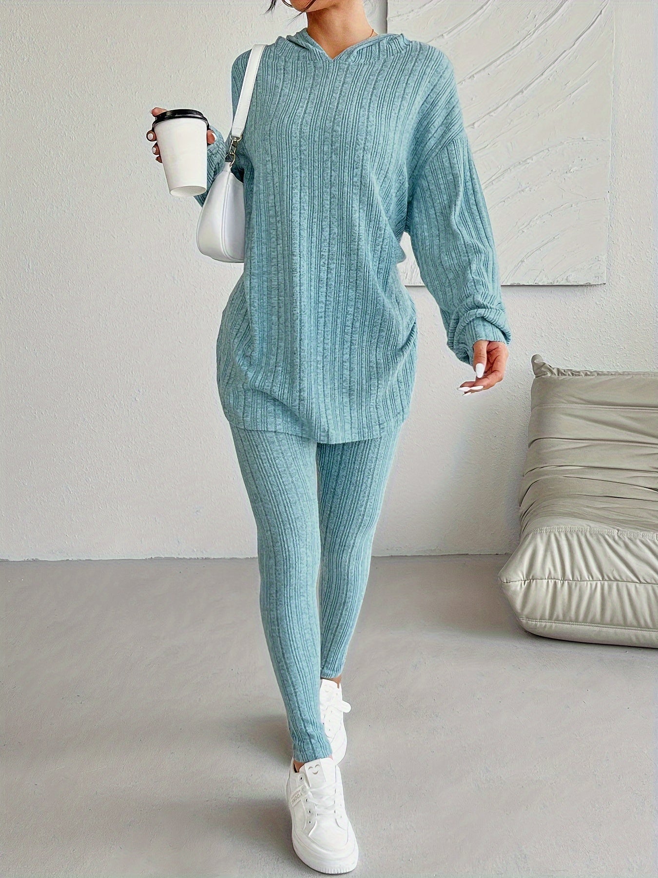 two-piece Ribbed Long Sleeve Hooded Top & Skinny Pants Set for Women, Casual Lounge Outfit