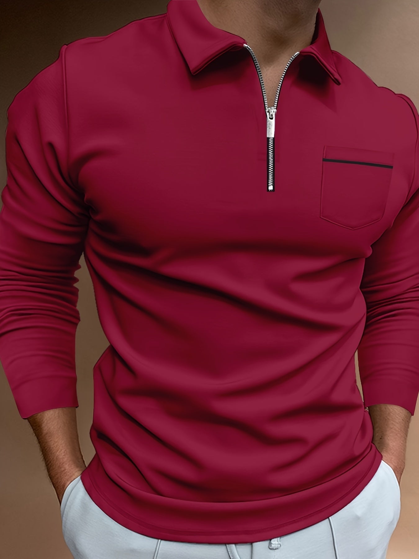 Men's Casual Long Sleeve Zipper Lapel Shirt with Chest Pocket, Spring/Fall Outdoor Wear