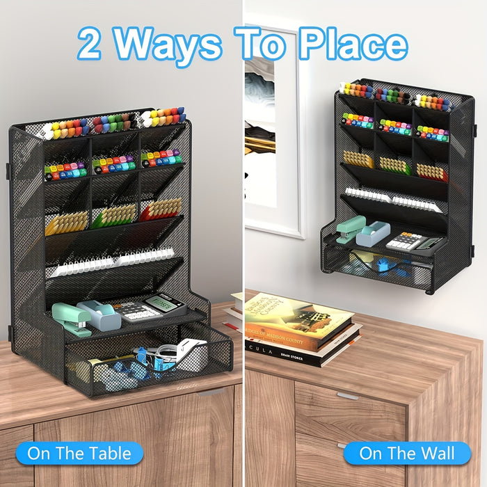 [1 Pcs Multi-Functional Organizer] 1 Pcs Pen Organizer for Desk, Multi-Functional Desk Organizer, Wall Mount Pen Holder with Drawer for School, Office, Home, Art Supplies, Black
