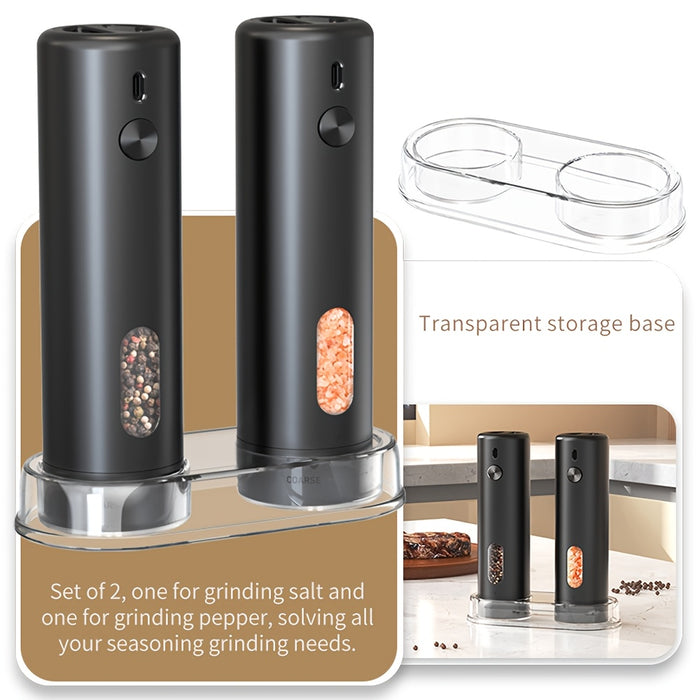 Electric Pepper Grinder Rechargeable, Automatic Salt and Pepper Mills Set with 3.72oz Container, External Adjustable Coarseness, White LED Light and One-Handed Operation for Kitchen, Outdoor, BBQ & Gift Giving
