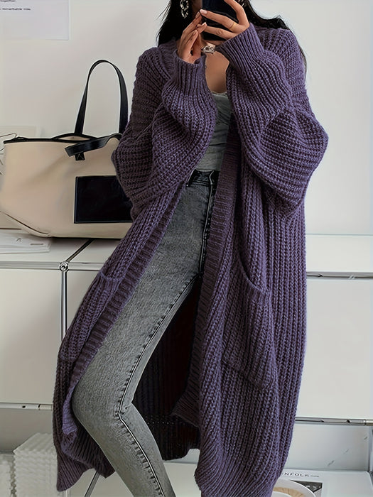 Women's Solid Color Open Front Knitted Cardigan, Long Sleeve, Spring/Fall Casual Wear