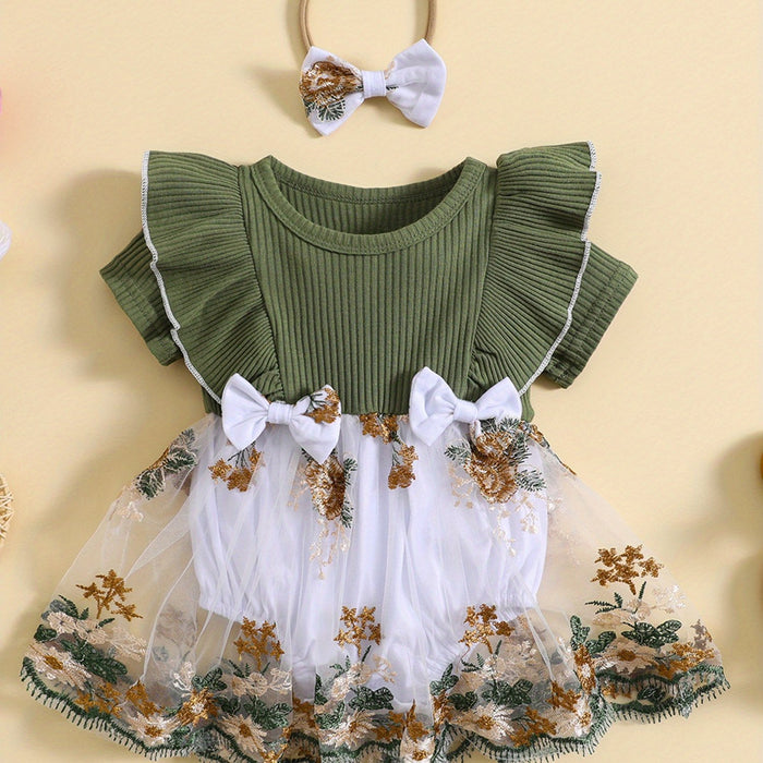 Infant Baby Girls Romper Dress Flower Embroidery Knit Rib Ruffles Crew Neck Jumpsuits Summer Bodysuits with Bow Headband, for Outdoor