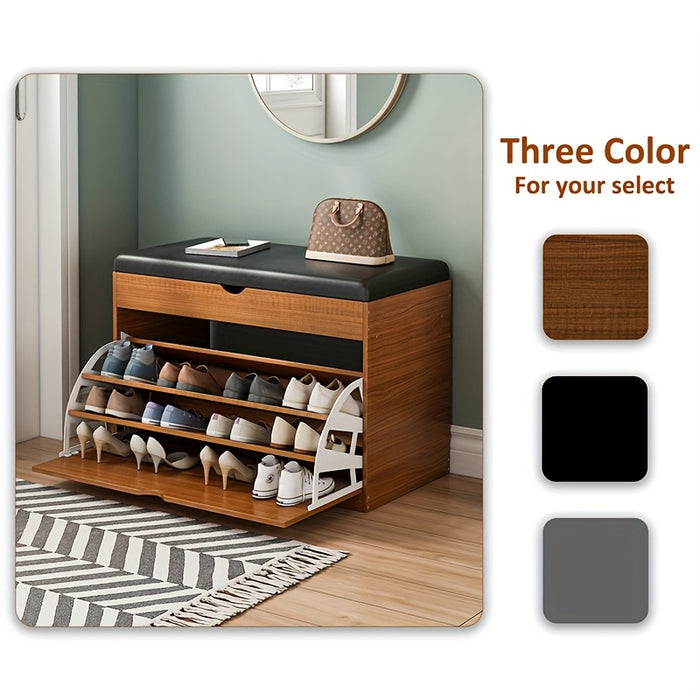 Pine Wood Shoe Bench with Cushioned Seat, Three-Tier Footwear Rack, and Storage Cabinet - Ideal for Bedroom or Entryway, Multi-Compartment Design, No Assembly Required, Shoes Organizer Storage