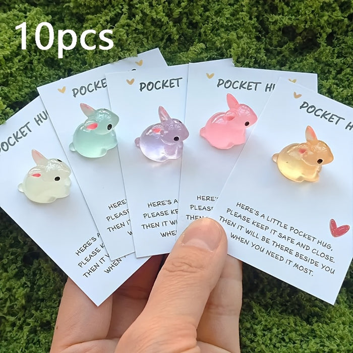 10 Cute Glow-in-the-Dark Easter Bunny Pocket Hugs with Motivational Cards, Personalized Resin Charms, Perfect for Birthdays and Weddings
