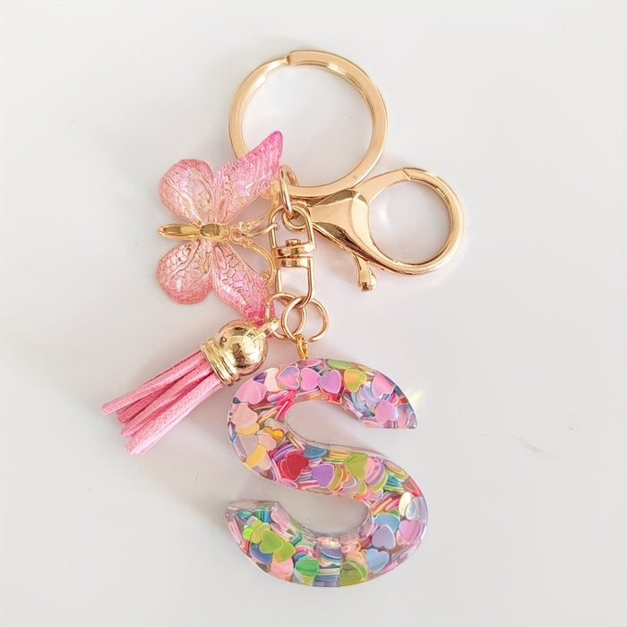 1pc Creative English Letter Pendant Keychain For Girls, Pink Sequin Drop Glue Butterfly Key Chain For Girls, Bag Car Key Ornament Christmas Gift