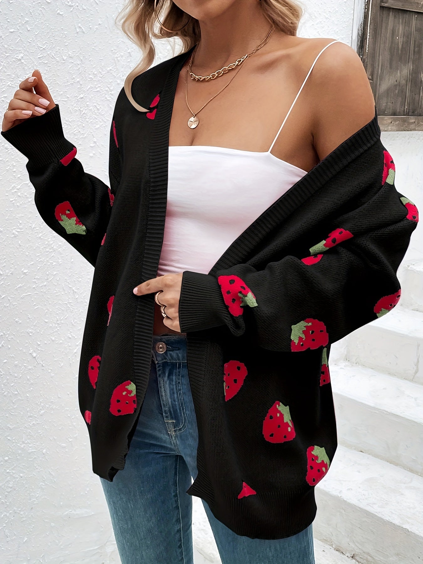 Strawberry Print Open Front Cardigan, Long Sleeve Elegant Cardigan for Spring & Fall, Women's Clothing