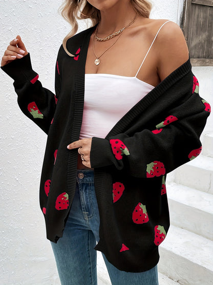Strawberry Print Open Front Cardigan, Long Sleeve Elegant Cardigan for Spring & Fall, Women's Clothing