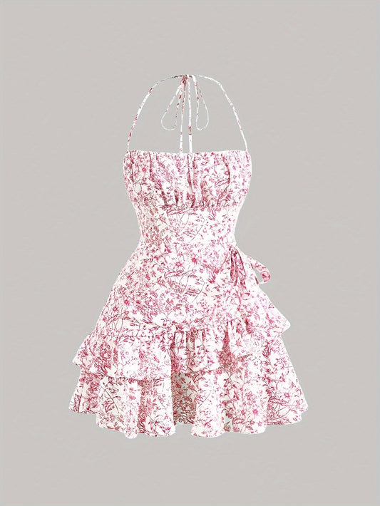 Floral Print Layered Ruffle Hem Halter Dress - Sleeveless Summer Dress for Women