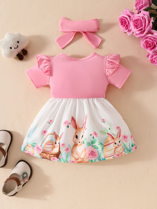 Adorable Bunny Print Short Sleeve Dress with Matching Headband for Girls - Soft Polyester Blend, Cute Rabbit Design, White Collar, Pink Floral Pattern, Summer Outfit for Toddlers, Perfect for Outdoor