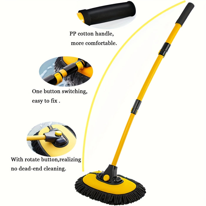 15° Curved Car Wash Brush with a Long Handle, 43-Inch Extension Pole, Includes Cleaning Cloth, Ultra-Fine Microfiber Cleaning Mop for Trucks, Cars, Suvs, And Boats, 2-In-1 Car Wash And Dusting Tool That Won'T Damage Paint Or