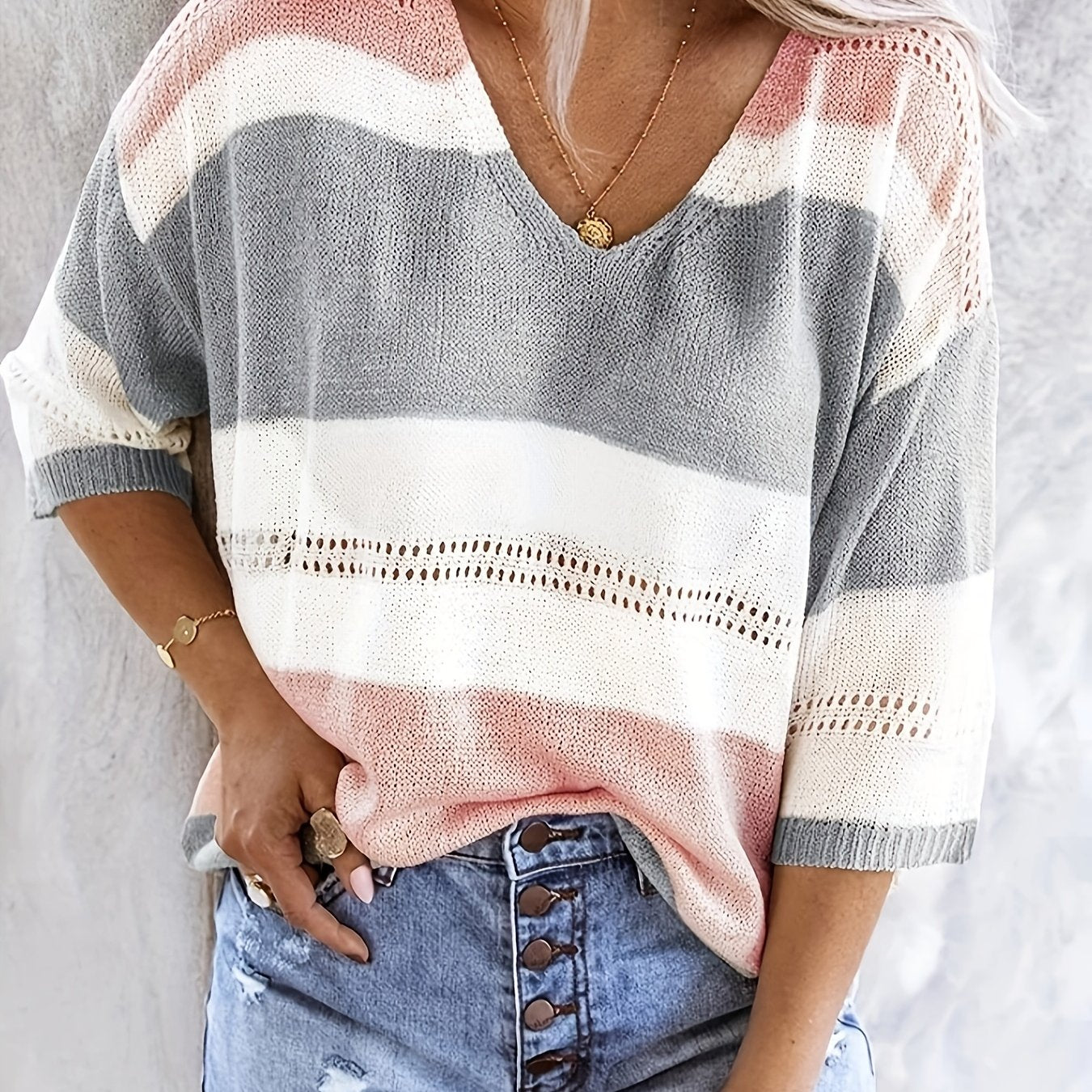 Women'S Casual Striped V-Neck Knit Top with Cut-Out Detail - Lightweight, Breathable, Perfect for Spring/Summer, Casual Attire|Striped Top|Vneck Top
