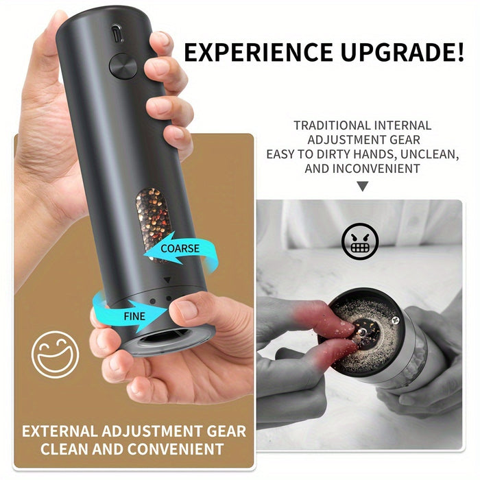Electric Pepper Grinder Rechargeable, Automatic Salt and Pepper Mills Set with 3.72oz Container, External Adjustable Coarseness, White LED Light and One-Handed Operation for Kitchen, Outdoor, BBQ & Gift Giving
