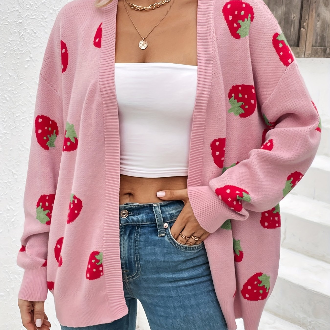 Strawberry Print Open Front Cardigan, Long Sleeve Elegant Cardigan for Spring & Fall, Women's Clothing