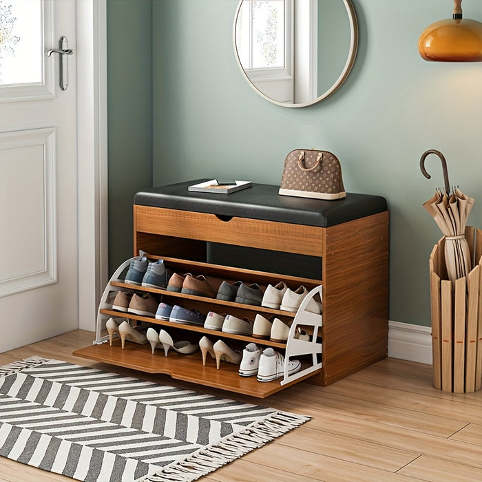 Pine Wood Shoe Bench with Cushioned Seat, Three-Tier Footwear Rack, and Storage Cabinet - Ideal for Bedroom or Entryway, Multi-Compartment Design, No Assembly Required, Shoes Organizer Storage