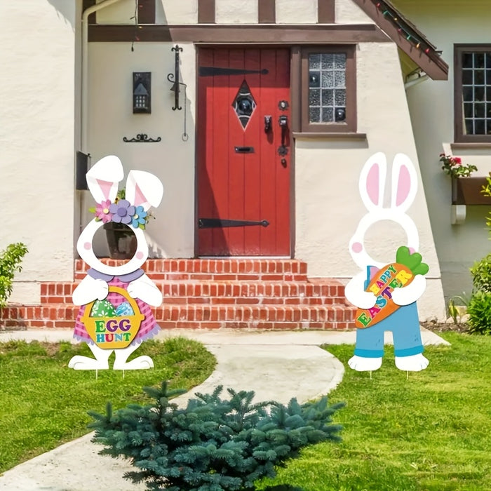 2pcs Large Easter Bunny Yard Signs with Stakes, Art Deco Style Plastic Seasonal Outdoor Decorations, Happy Easter Party Photo Props, No Electricity or Battery Needed, Festive Garden Accessories|Festive Decoration|Durable Outd