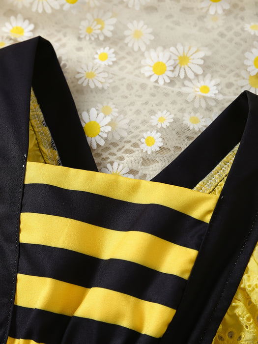 [Ladybug Summer Dress Set] 2pcs Little Bee Ladybug Summer Dress - Striped Full-Print Exposed Back Spliced for Lotus Lace Adjustable Suspender + Sun Hat Set