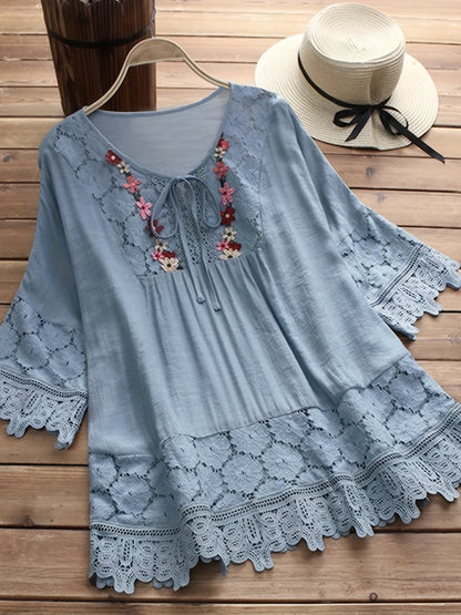 Plus Size Floral Applique Lace Blouse, Tie Neck Short Sleeve Women's Top