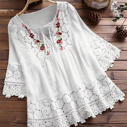Plus Size Floral Applique Lace Blouse, Tie Neck Short Sleeve Women's Top