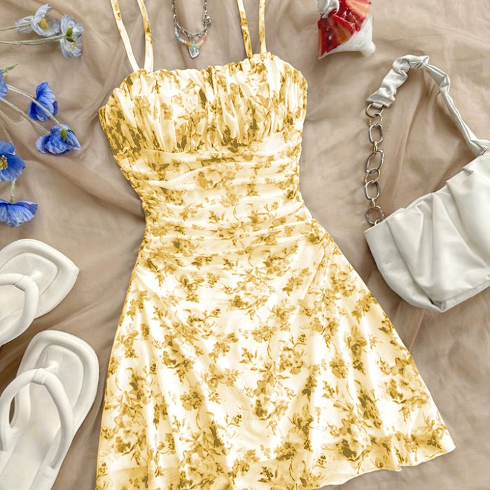 [New Floral Print Elegant Dress] Women's New Floral Print Halter Dress Fashionable Elegant Suitable for All Seasons