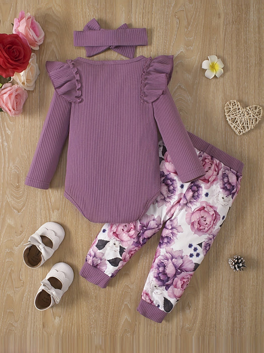 Baby Girl's Casual Fashion Outfit, Long Sleeve Triangle Romper + Floral Print Trousers Set, Outdoor Cloth