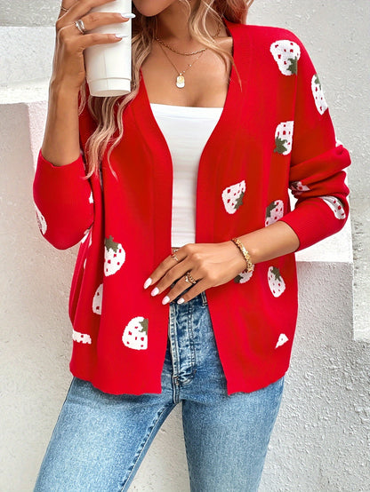 Strawberry Print Open Front Cardigan, Long Sleeve Elegant Cardigan for Spring & Fall, Women's Clothing