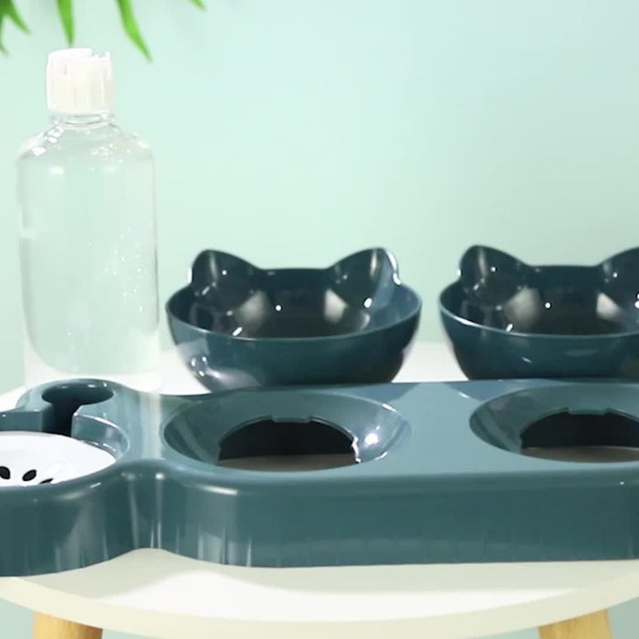 3-in-1 Pet Feeding Set: Tilted Cat Bowls with Gravity Water Bottle and Ear Design for Neck Protection
