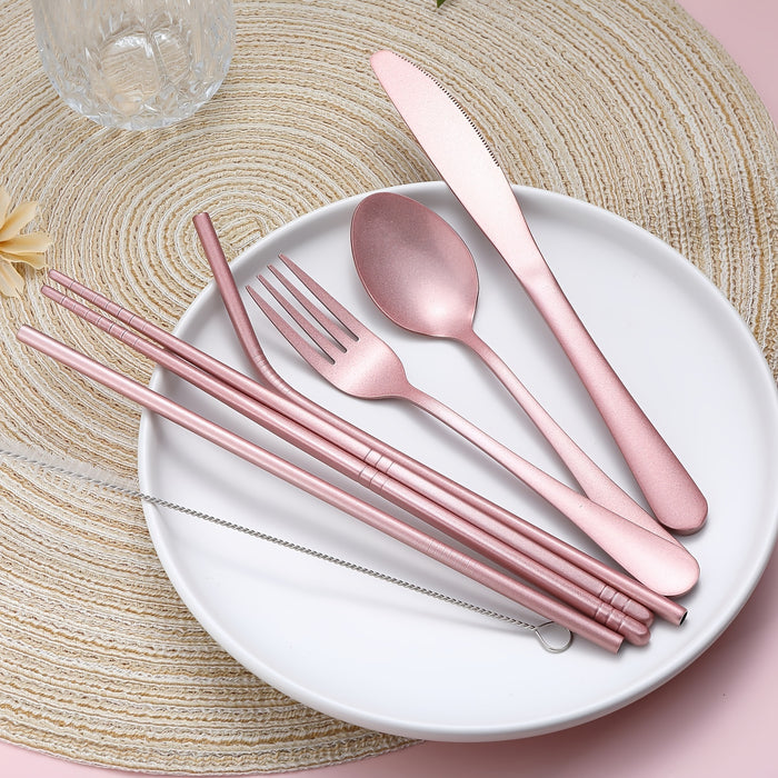 Stainless Steel Travel Utensils Set, Reusable To Go Flatware with Geometric Pattern, Polished Finish, Waterproof Carrying Case, Portable Cutlery for Lunch Box, Camping, School, Picnic