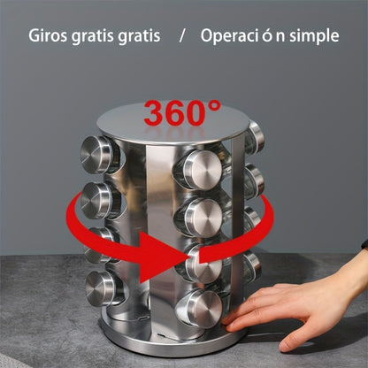 16pcs Stainless Steel Spice Rack Set with 360° Rotating Carousel - Durable, Rust-Proof & Moisture-Resistant Kitchen Organizer for Seasonings and Condiments