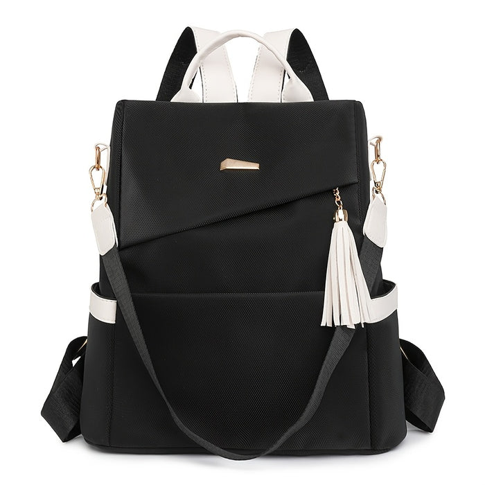 [Travel Ready] Elegant Women's Anti-Theft Lightweight Backpack - Chic White with Pink Accents, Large Capacity, Adjustable Straps, Tassel Detail, PU Material, Perfect for Travel & Daily Use