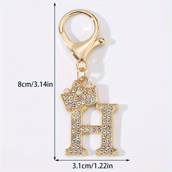 1pc Fashion Zinc Alloy Artificial Diamond Crown 26 English Letters Key Chain For Men, Bag Pendant To Friends