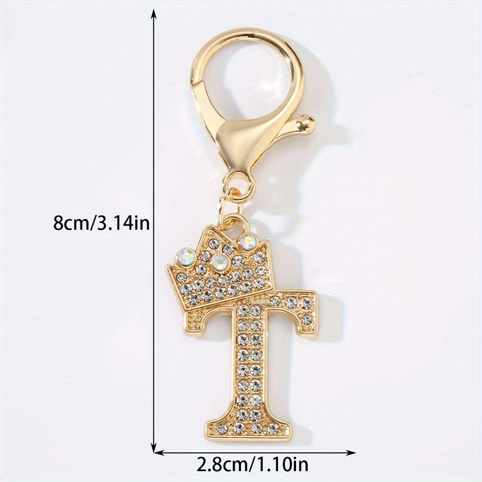 1pc Fashion Zinc Alloy Artificial Diamond Crown 26 English Letters Key Chain For Men, Bag Pendant To Friends