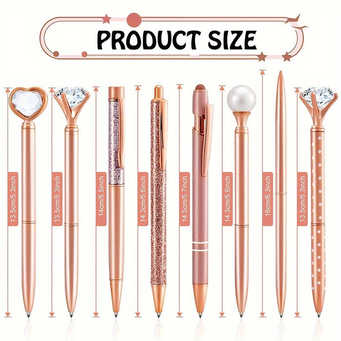 3/5/8pcs Rose Gold Ballpoint Pen Set Liquid Sand Glitter Metal Crystal Diamond shape Pen Girly Black Ink Pen Gifts for Wedding Office Desk Supplies