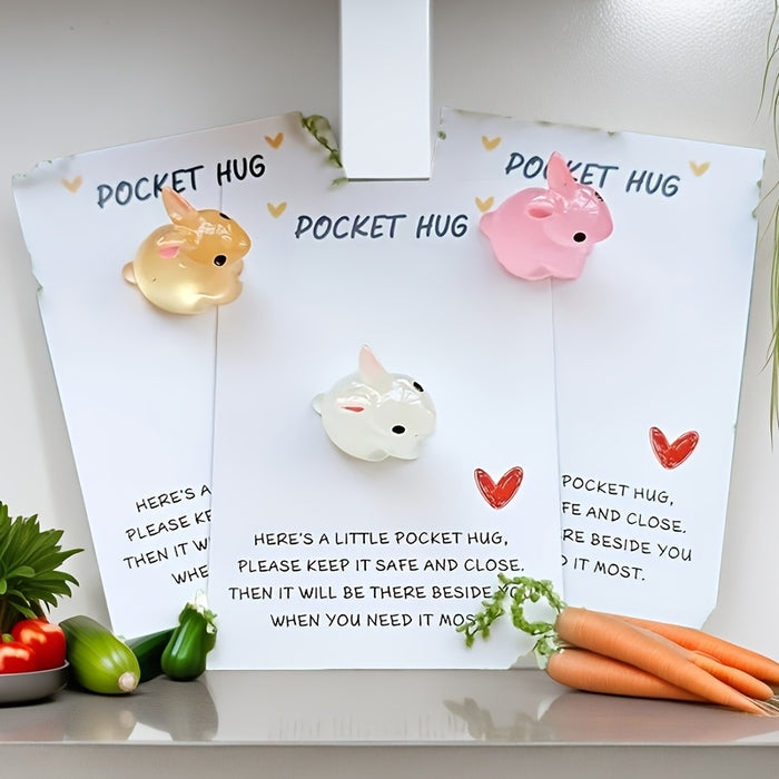 10 Cute Glow-in-the-Dark Easter Bunny Pocket Hugs with Motivational Cards, Personalized Resin Charms, Perfect for Birthdays and Weddings