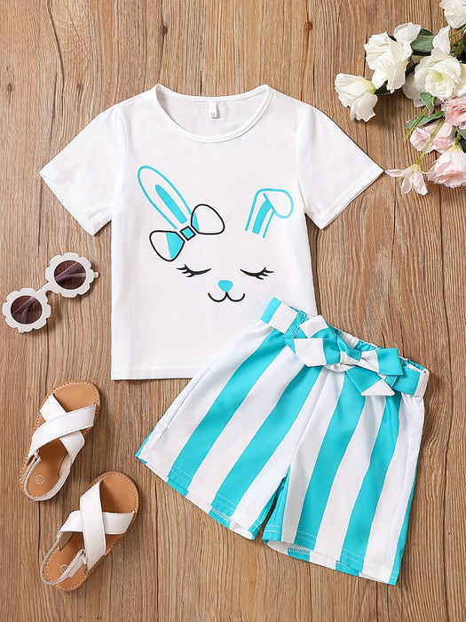 2pcs Toddler Girls Easter Cartoon Bunny Graphic T-Shirts Round Neck Short Sleeve Tees Top & Elastic Waist Belted Stripe Shorts Set Kids Summer Outdoor Clothes