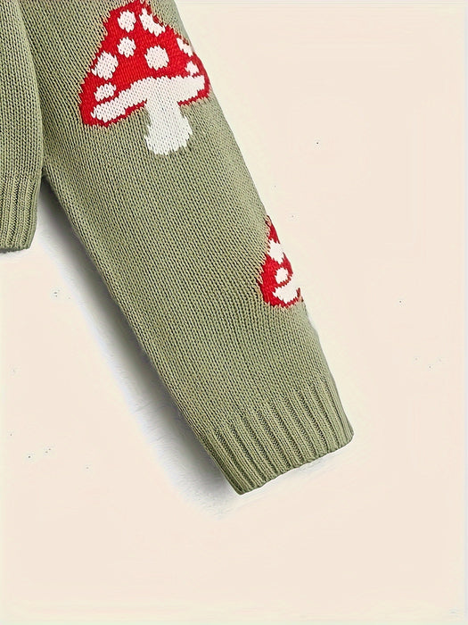 Long Sleeve Acrylic Knit Pullover Sweater, V-Neck, Casual Fit, Machine Washable, Mushroom Pattern