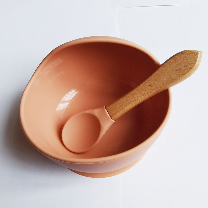 1set Baby Feeding Bowl And Spoon Set, Silicone Baby Bowl Suction Cup With Wooden Spoon Silicone Suction Base Non Slip Baby First Feeding Kit Gift For Toddler Children Girls Boys, Halloween, Thanksgiving, Christmas Gift