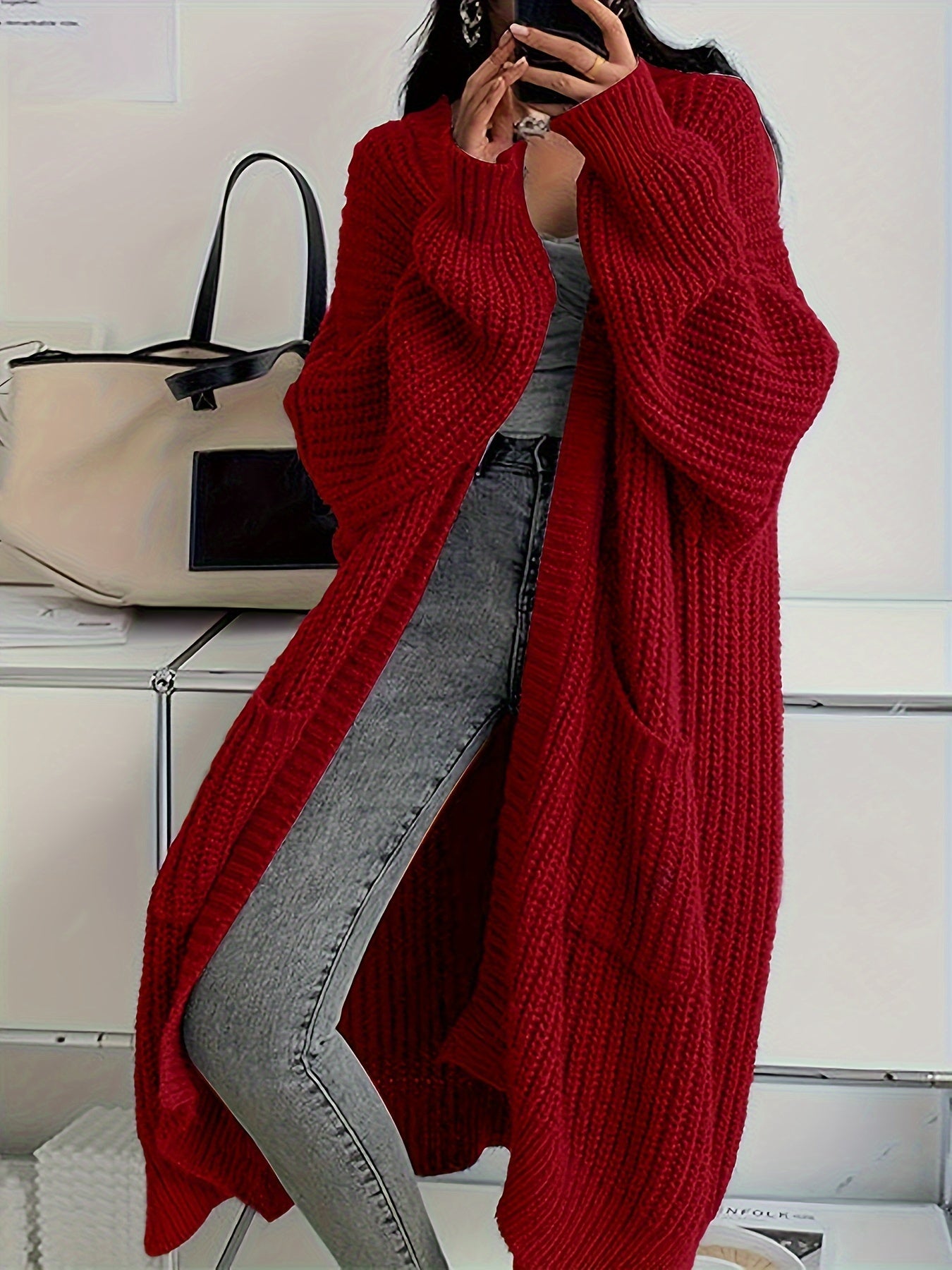 Women's Solid Color Open Front Knitted Cardigan, Long Sleeve, Spring/Fall Casual Wear