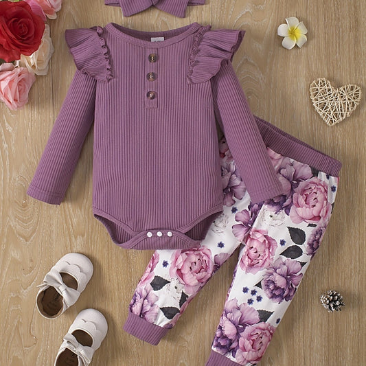 Baby Girl's Casual Fashion Outfit, Long Sleeve Triangle Romper + Floral Print Trousers Set, Outdoor Cloth