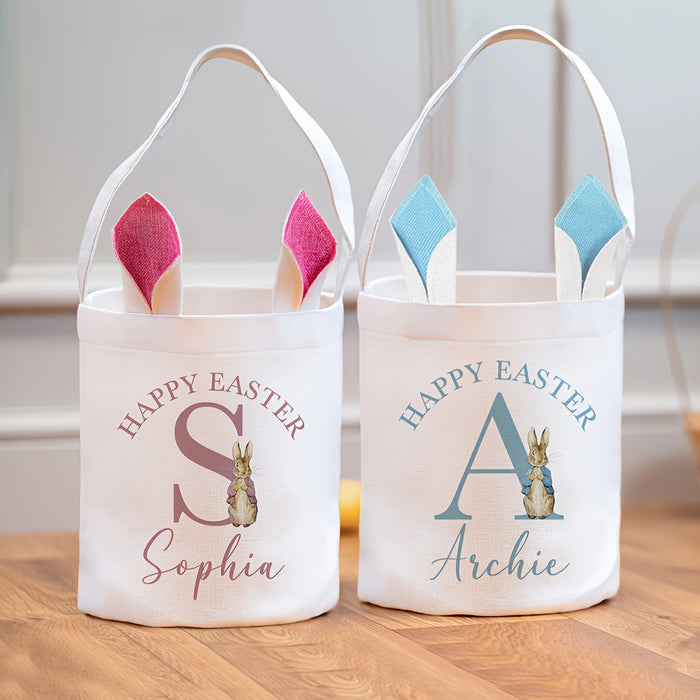 Customized Burlap Easter Basket with Bunny Handles - Personalized Easter Egg Hunt Tote - Festive Easter Party Bag for Emilia