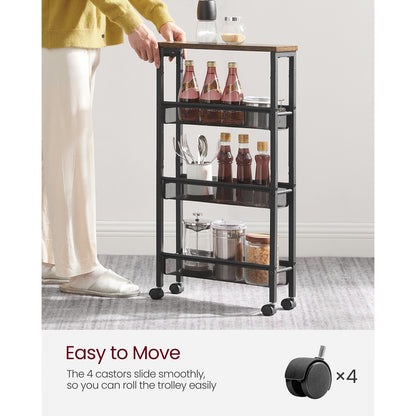 VASAGLE 4-Tier Steel Rolling Storage Cart with Hardwood Top, Rustic Brown & Black, Slim 5.1" Deep Organizer, with Wood-Based Panel & Metal Frame, for Kitchen, Dining, Living Room, Home Office
