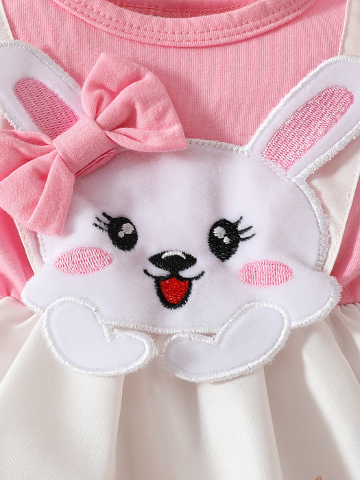 Adorable Bunny Print Short Sleeve Dress with Matching Headband for Girls - Soft Polyester Blend, Cute Rabbit Design, White Collar, Pink Floral Pattern, Summer Outfit for Toddlers, Perfect for Outdoor