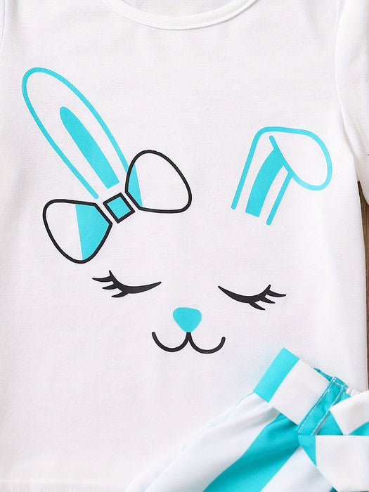 2pcs Toddler Girls Easter Cartoon Bunny Graphic T-Shirts Round Neck Short Sleeve Tees Top & Elastic Waist Belted Stripe Shorts Set Kids Summer Outdoor Clothes