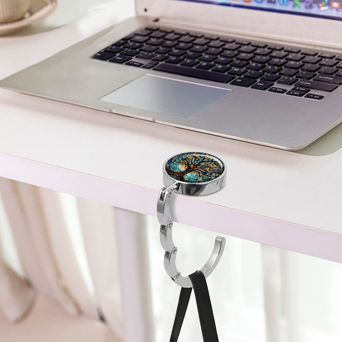 Tree of Life Design Portable Bag Hooks, Zinc Alloy, Foldable Handbag Storage Hanger, Elegant Purse Organizer, Mature Style, with Unique Gift for Travel & Home Use