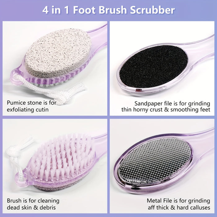 4-in-1 Deluxe Foot Care Paddle Kit - Multifunctional Callus Remover, Foot Exfoliator, Scrubber, and Trimmer with Pumice Stone, Metal File, and Gentle Cleaning Bristles - Unscented, Durable Plastic, Manual Operation, No Batter