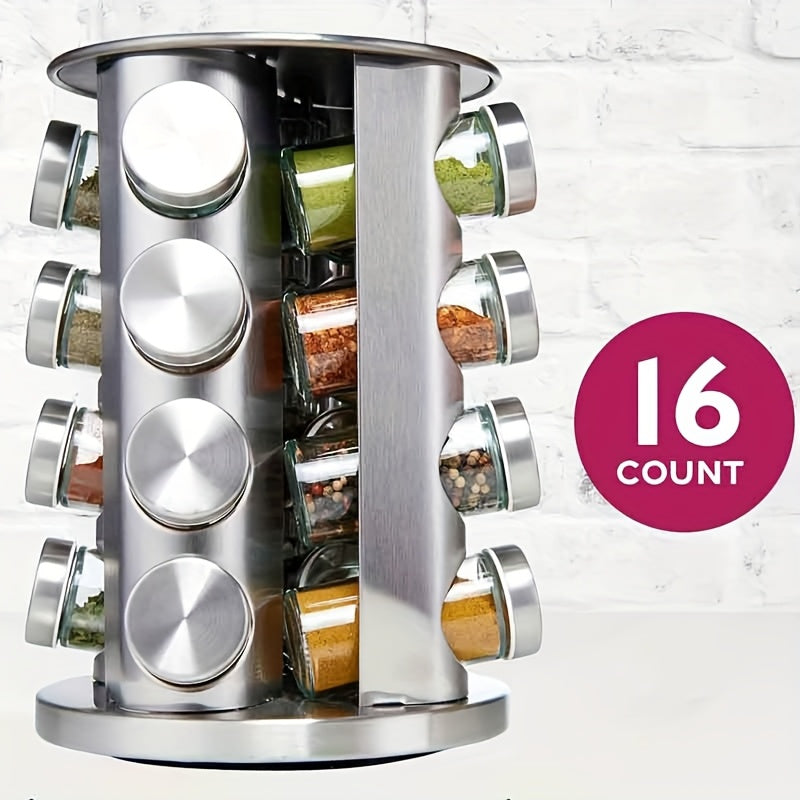 16pcs Stainless Steel Spice Rack Set with 360° Rotating Carousel - Durable, Rust-Proof & Moisture-Resistant Kitchen Organizer for Seasonings and Condiments