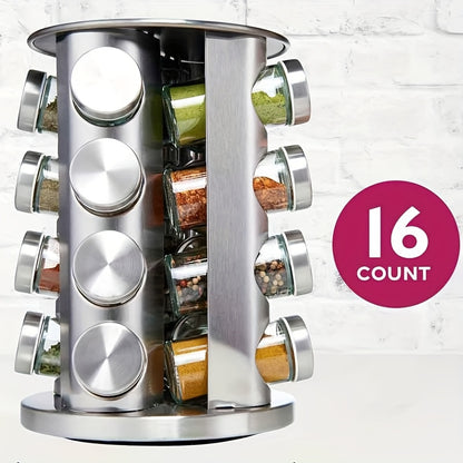 16pcs Stainless Steel Spice Rack Set with 360° Rotating Carousel - Durable, Rust-Proof & Moisture-Resistant Kitchen Organizer for Seasonings and Condiments
