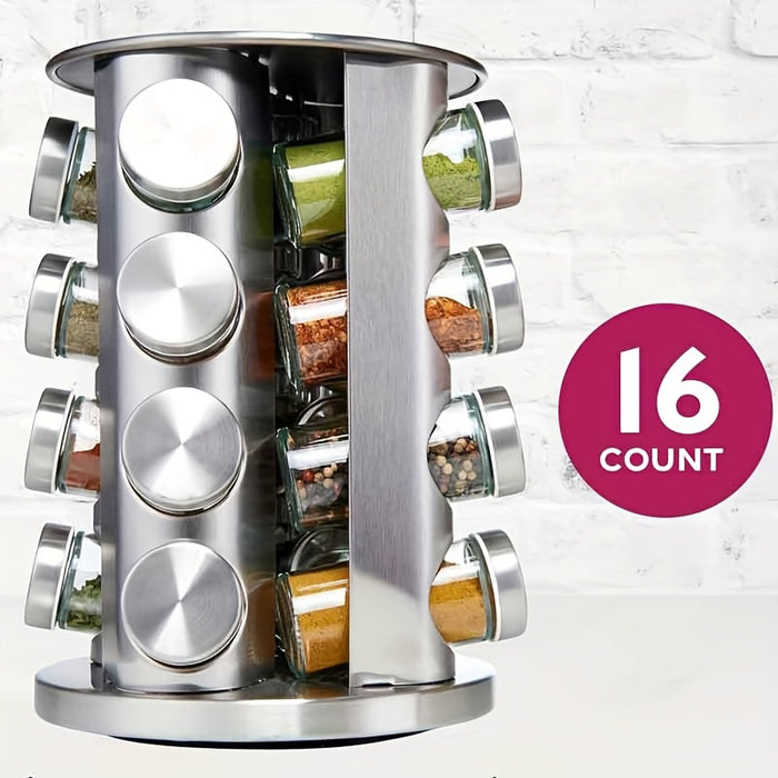 16pcs Stainless Steel Spice Rack Set with 360° Rotating Carousel - Durable, Rust-Proof & Moisture-Resistant Kitchen Organizer for Seasonings and Condiments
