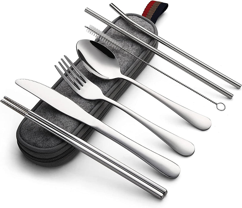 Portable Utensils, Travel Camping Cutlery Set, 8pcs including Knife Fork Spoon Chopsticks Cleaning Brush Straws Portable Case, Stainless Steel Flatware set